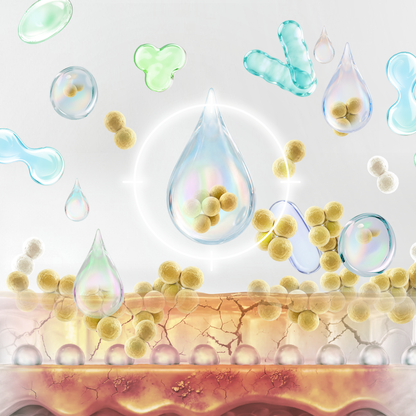 Illustration of skin with water droplets and bubbles, possibly representing skincare or hydration.